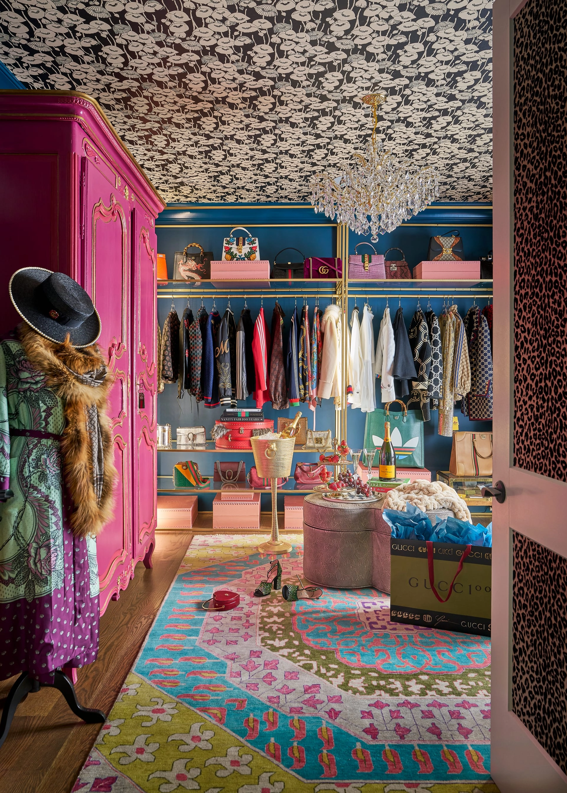Urban glam walk-in Gucci closet interior design in Lake Wylie Charlotte NC by Mannings Design